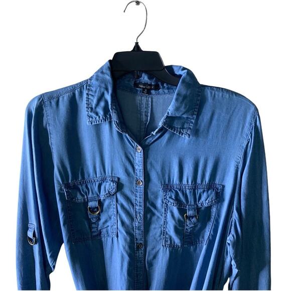 New Look Button Up Tunic Dress Womens 1X Long Sleeve Drawstring Chambray Denim - Picture 5 of 7